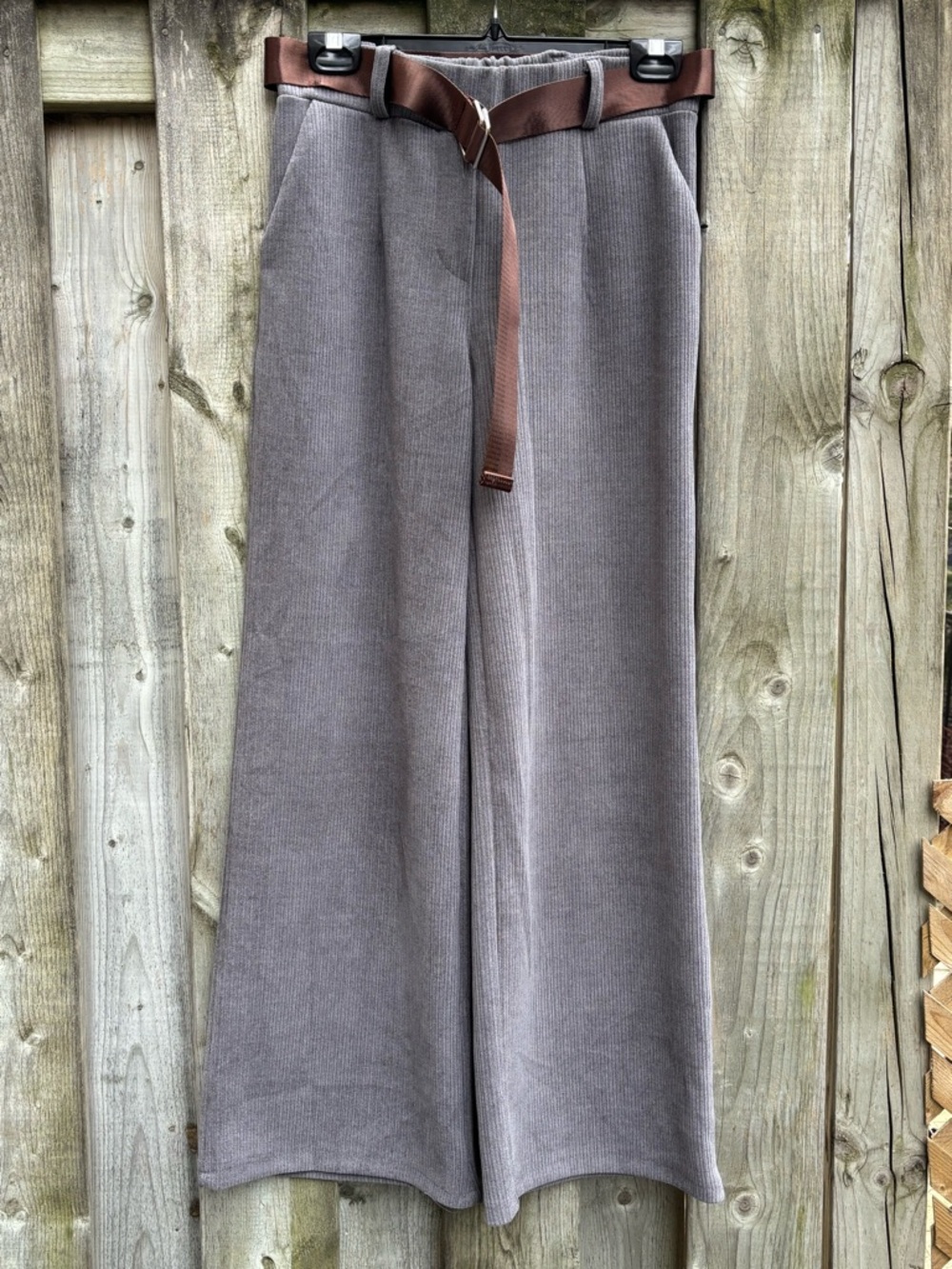 Wide Leg Ribbed Pull On Knit Pants with Brown Web Belt